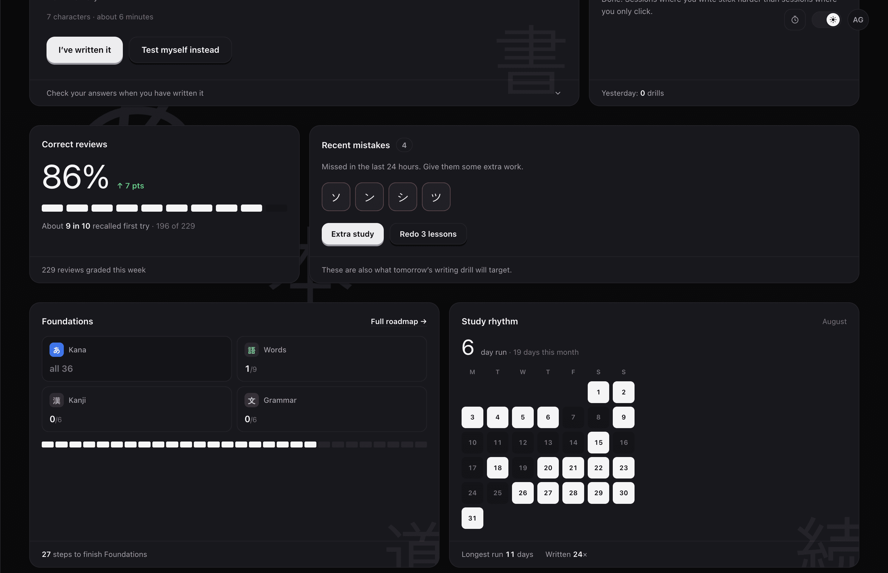 Progress: 86% correct reviews, four recent mistakes to redo, Foundations by type, and a study-rhythm calendar.